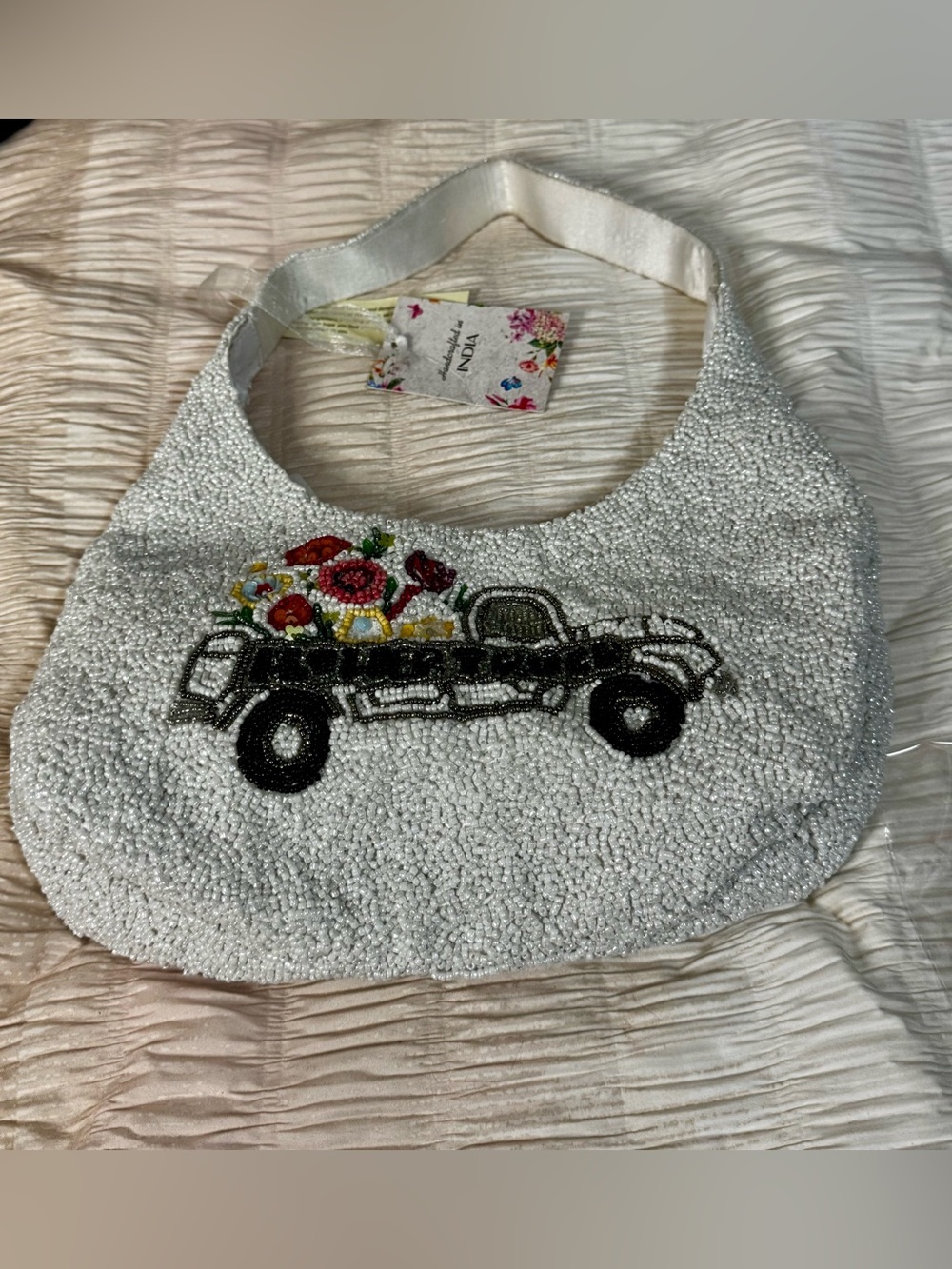 Women’s Beaded White Shoulder Bag with Floral Truck Design